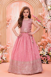 Pink Sequins Embroidered Lehenga Choli Set For Girls