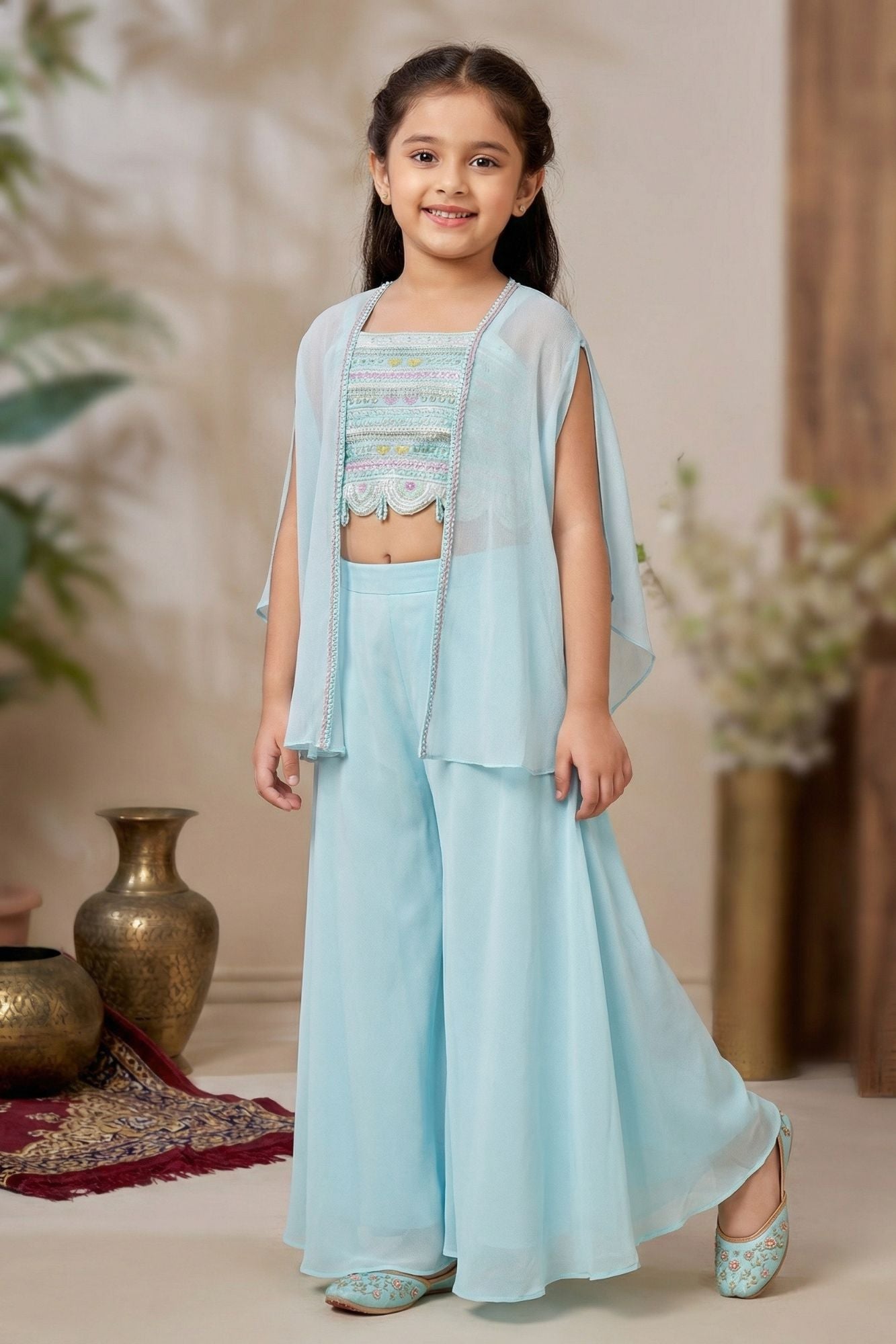 Powder Blue Embroidered Cape Style Palazzo Set