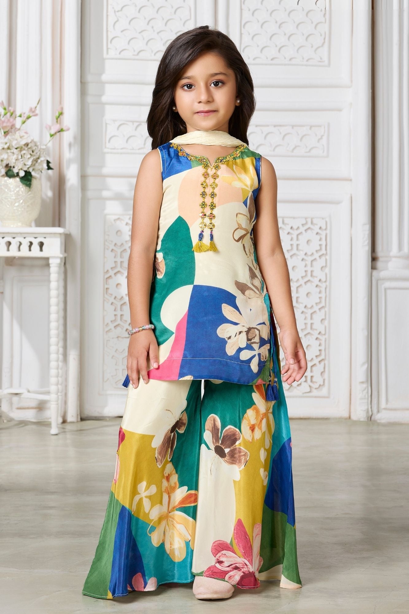 Girls Multicolour Printed Palazzo Set With Dupatta