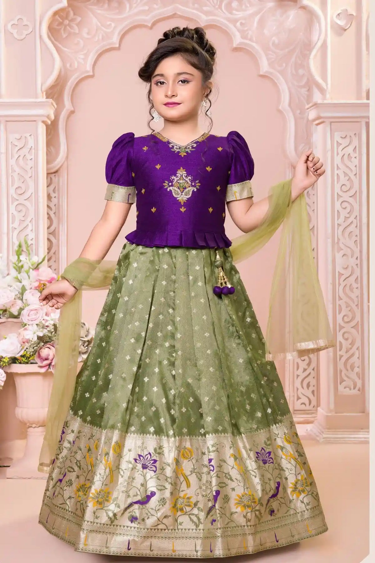 Olive Green And Purple Pattu Pavadai Set with Zari Border and Dupatta For Girls