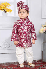 Wine Full Sleeves Bandhani Printed Kurta Set For Boys