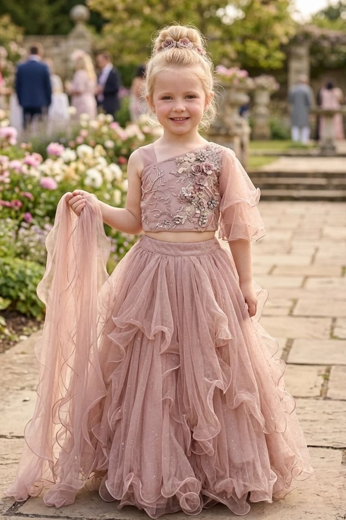 Dusty Pink Floral Ruffle Lehenga Choli for Girls