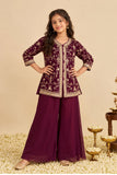 Girls Wine Sequin Embroidered Palazzo Set with Dupatta