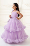 Lavender Layered Net Party Gown with Floral Ruffle Hem For Girls