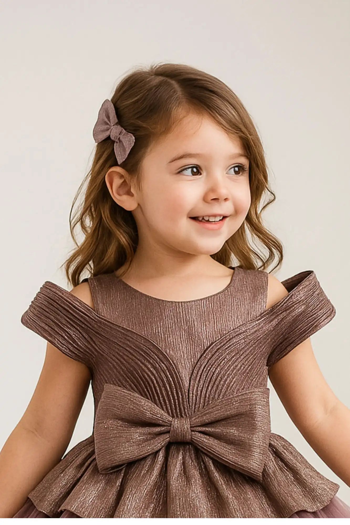 Metallic Mauve Bow Embellished Party Wear Frock For Girls