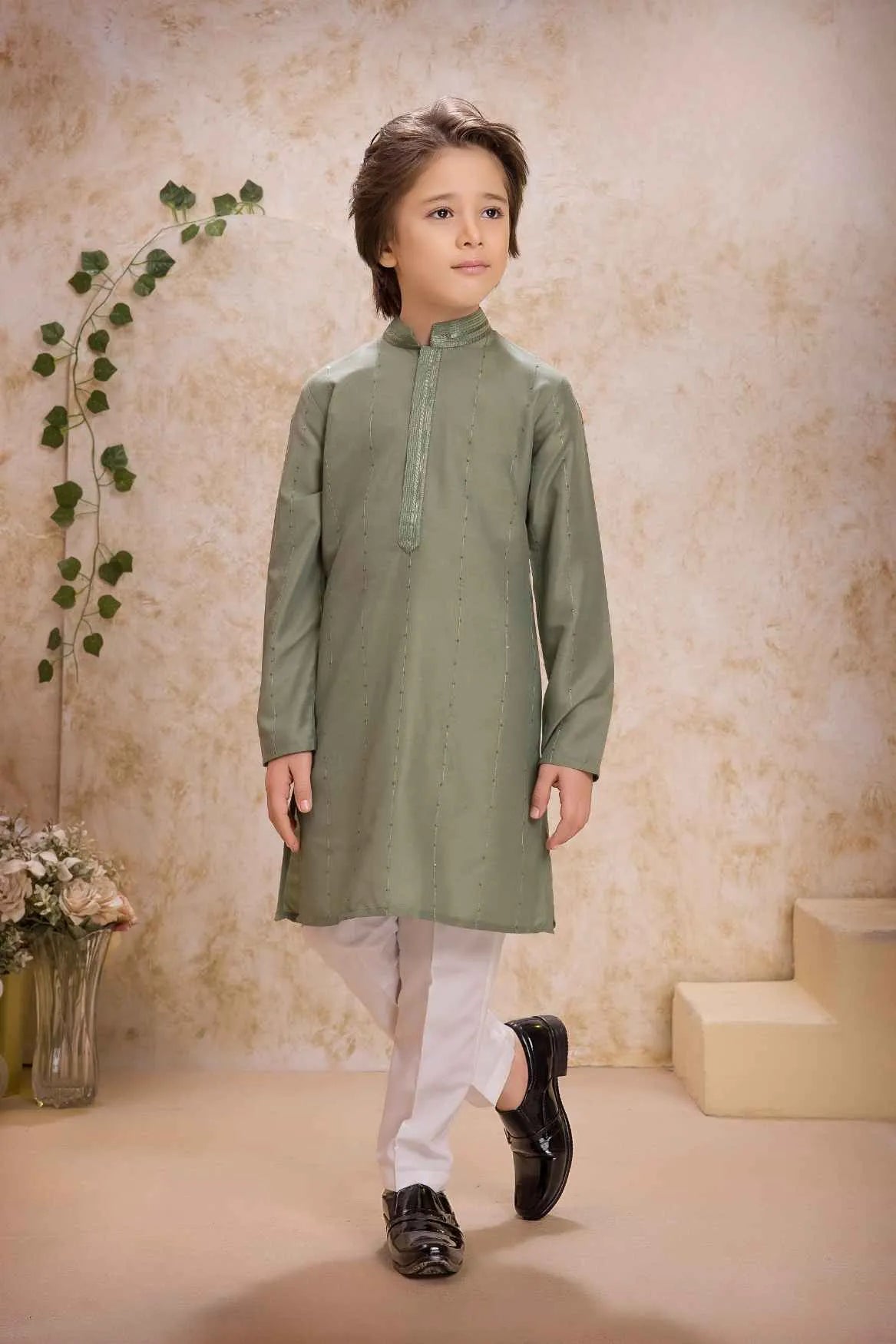 Classic Olive Green Kurta Pajama Set For Boys