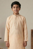 Peach Embroidered Linen Kurta Set For Boys