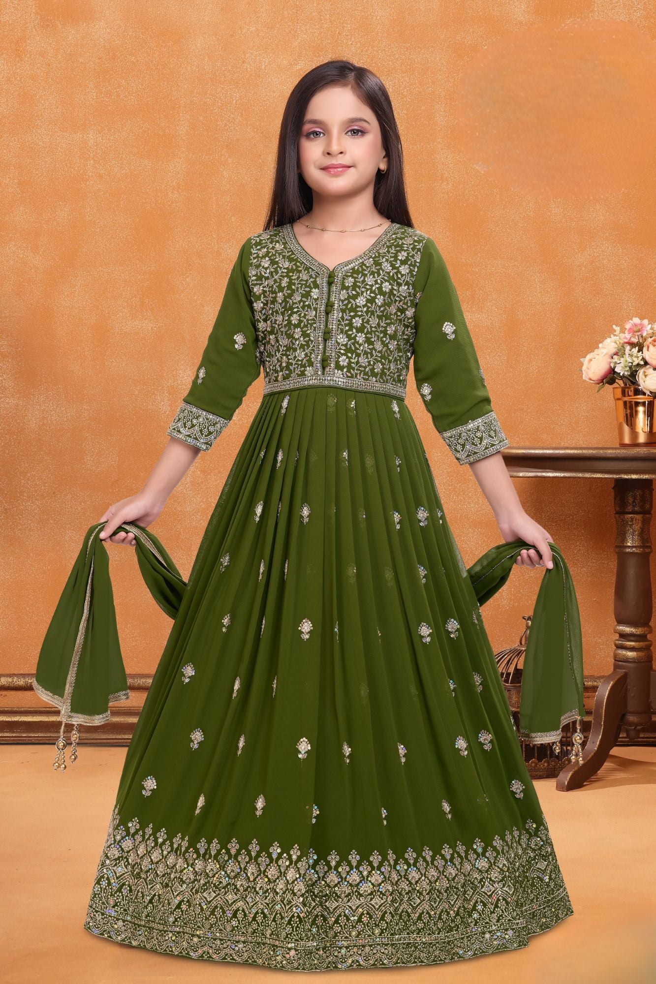 Girls Olive Green Silk Blend Ethnic Gown With Embroidered Neckline And Dupatta