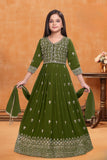 Girls Olive Green Silk Blend Ethnic Gown With Embroidered Neckline And Dupatta