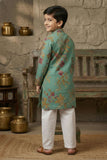 Sea Green Printed Kurta Set with Cream Pyjama For Boys