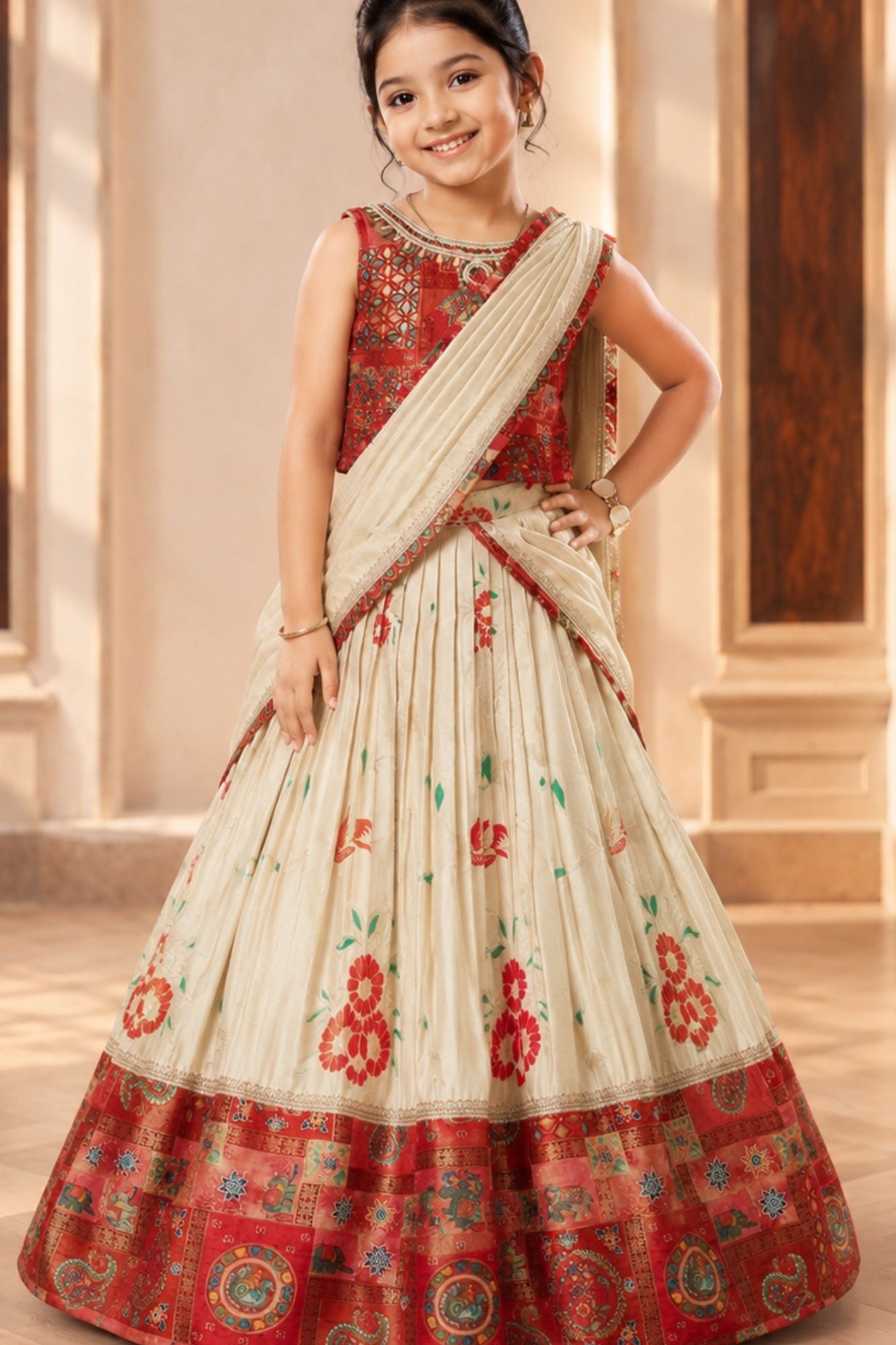 Red Patchwork Lehenga Choli with Attached Dupatta for Girls
