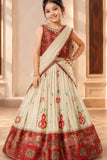 Red Patchwork Lehenga Choli with Attached Dupatta for Girls