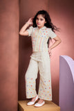 Girls Beige Top And Pants Set with Multicolor Embroidery