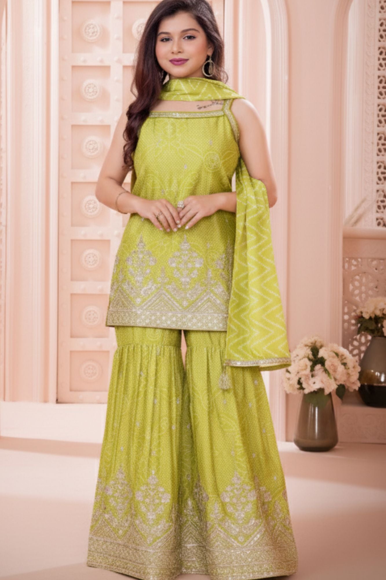 Light Green Bandhani Sharara Set with Dupatta & Golden Embroidery For Girls