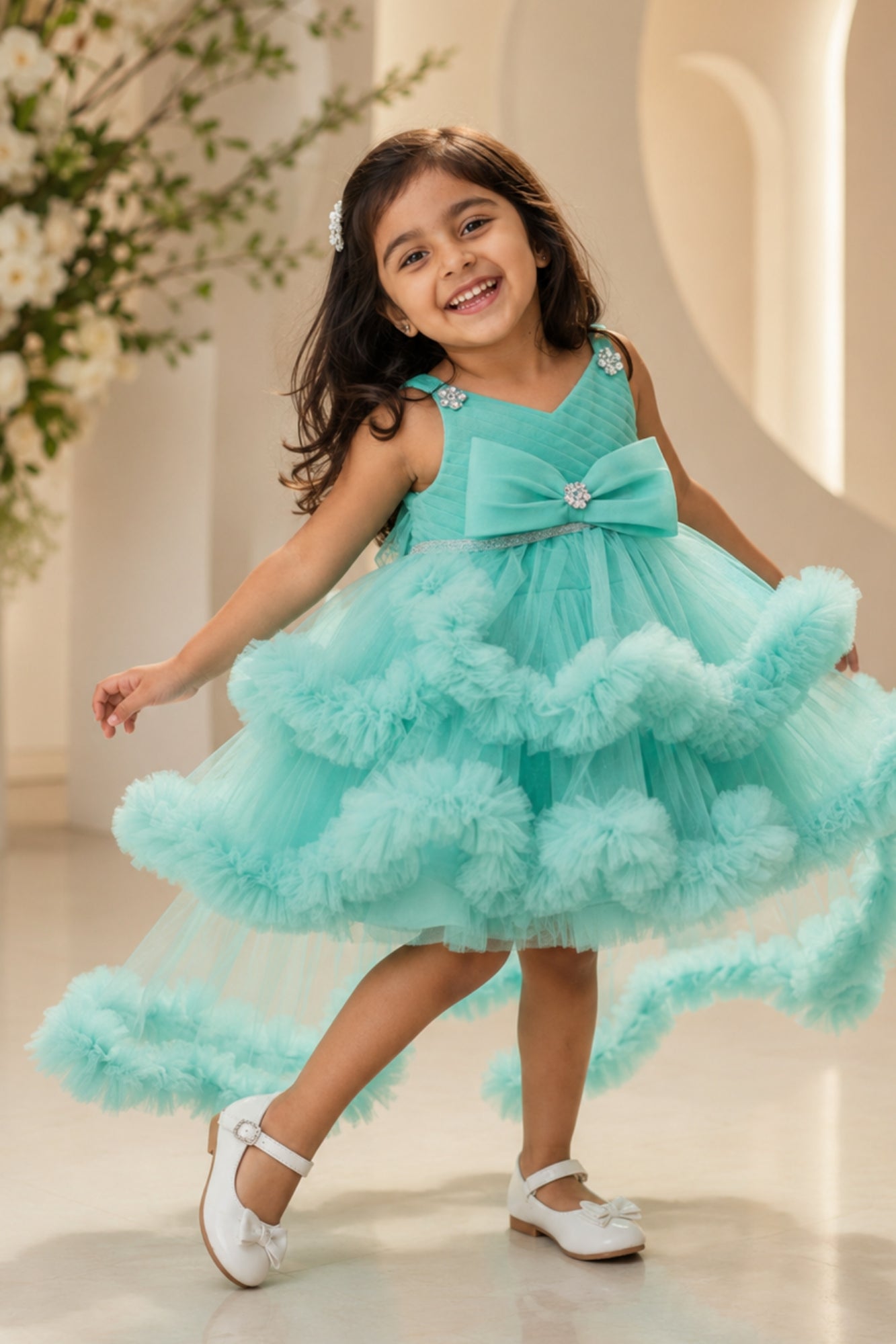 Green High-Low Party Wear Tulle Frock with Bow Detail For Girls