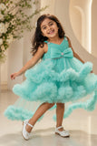 Green High-Low Party Wear Tulle Frock with Bow Detail For Girls