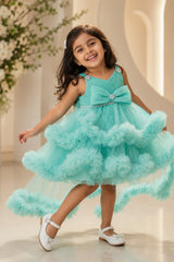 Green High-Low Party Wear Tulle Frock with Bow Detail For Girls