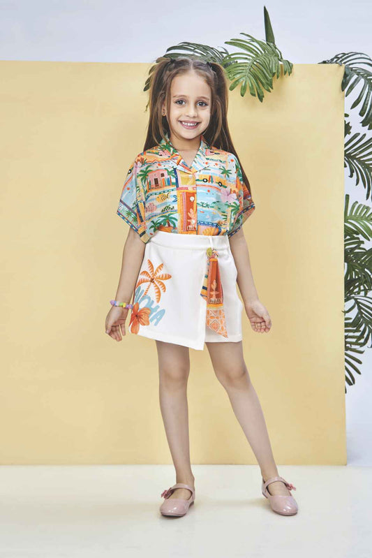 Multicolor Floral Printed Top And Skirt Set For Girls