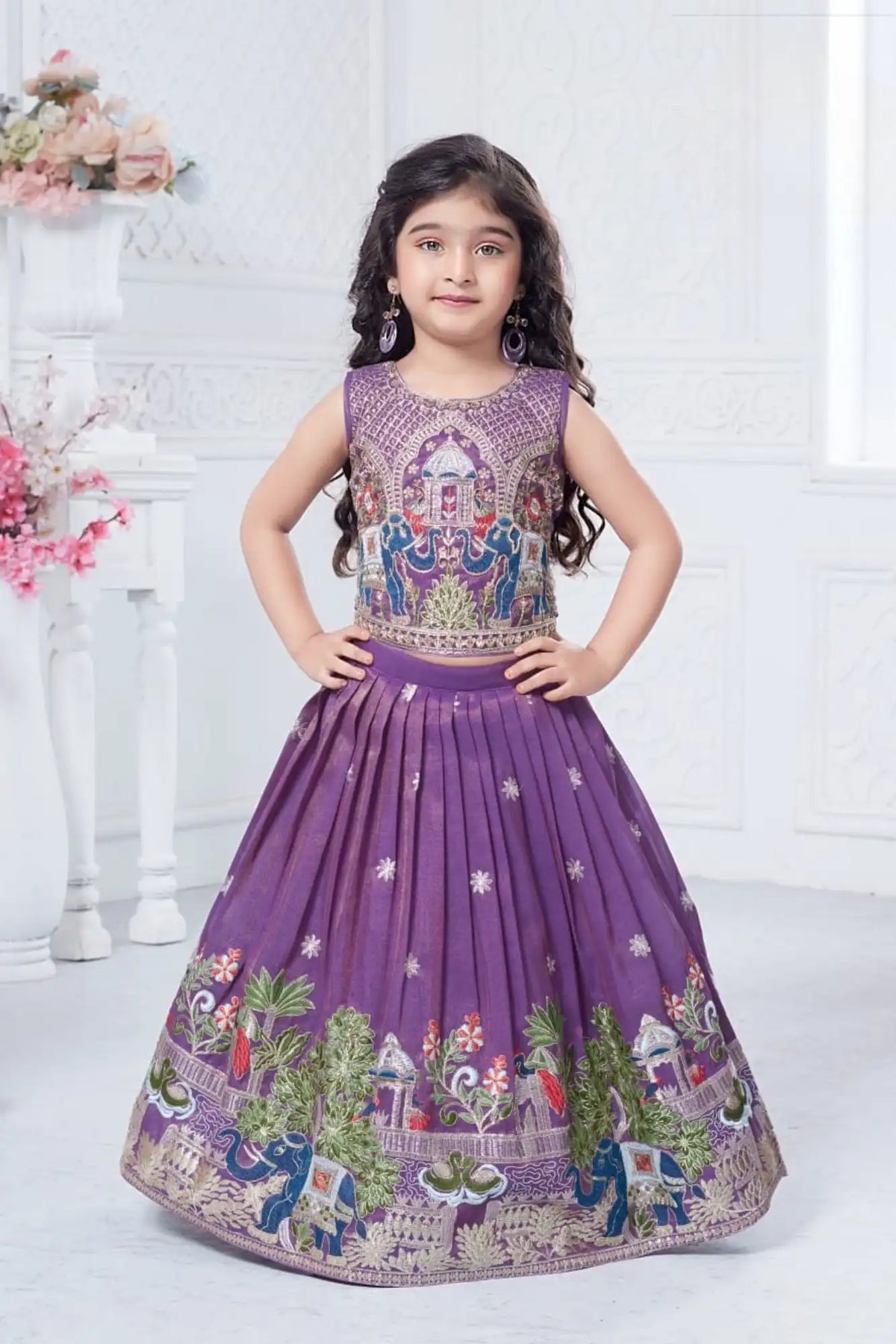 Purple Elephant Embroidered Lehenga Choli Set for Girls