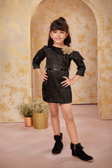 Classic Black 3/4th Sleeves With Floral Embellished Dress For Girls