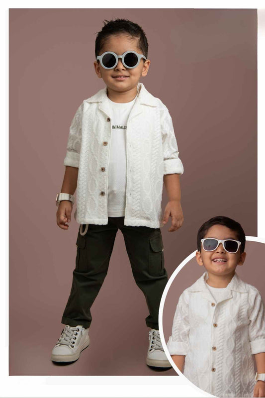 White Shirt And Green Pant Set With White T Shirt For Boys