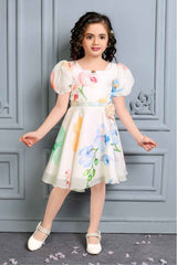 Off White Casual Floral Printed Frock For Girls