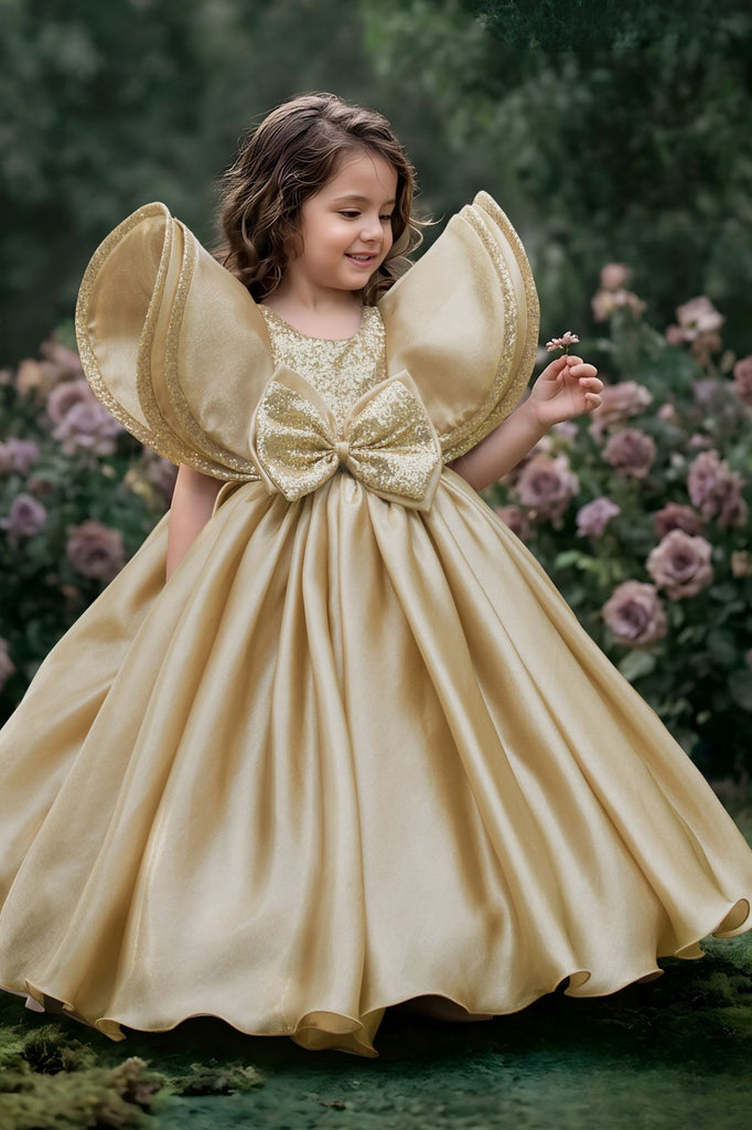 Gold Statement Bow Party Wear Gown for Girls