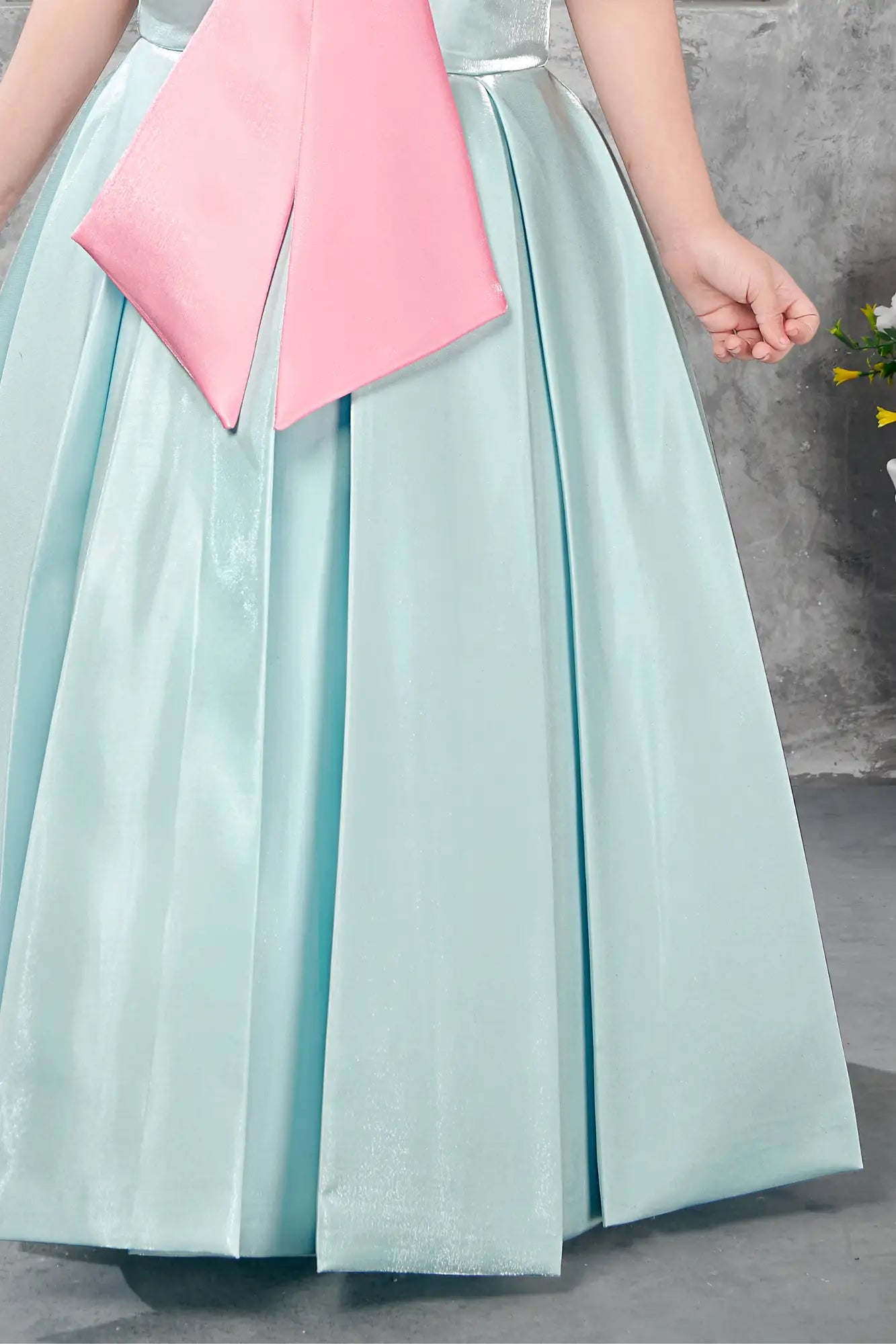 Aqua Blue Sleeveless Gown with Oversized Dusty Pink Bow for Girls