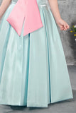 Aqua Blue Sleeveless Gown with Oversized Dusty Pink Bow for Girls