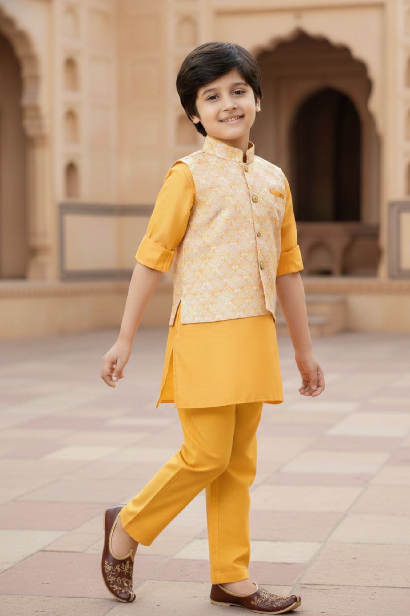 Yellow Kurta Set With Printed Bandi For Boys