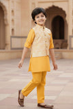 Yellow Kurta Set With Printed Bandi For Boys