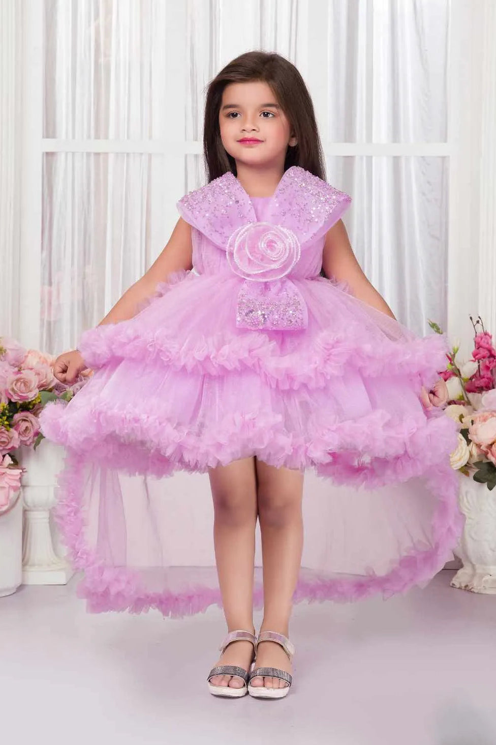 Lavender Sequin Bow Party Frock For Girls