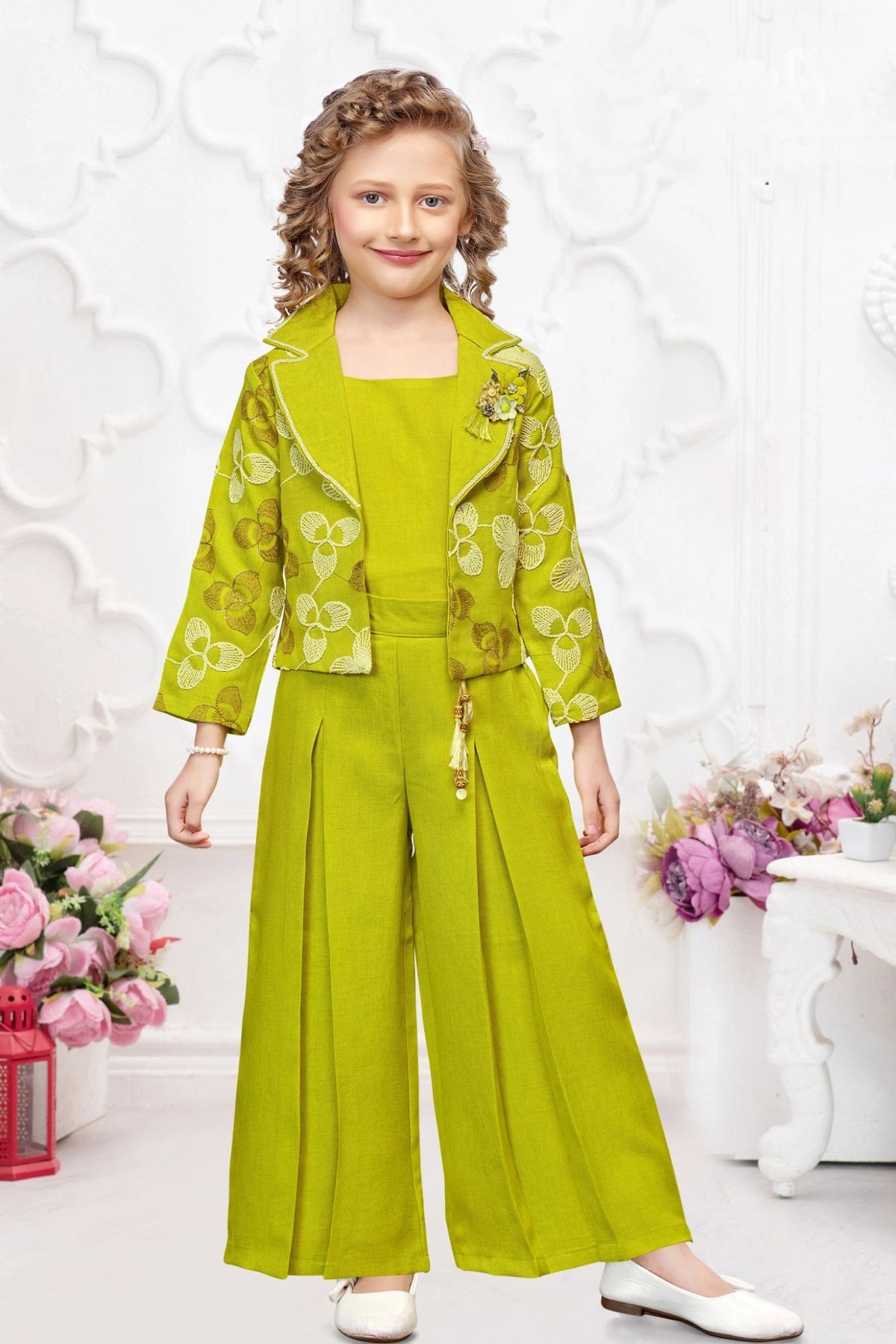 Green Embroidered Wide Legged Pant Set With Jacket For Girls