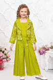 Green Embroidered Wide Legged Pant Set With Jacket For Girls