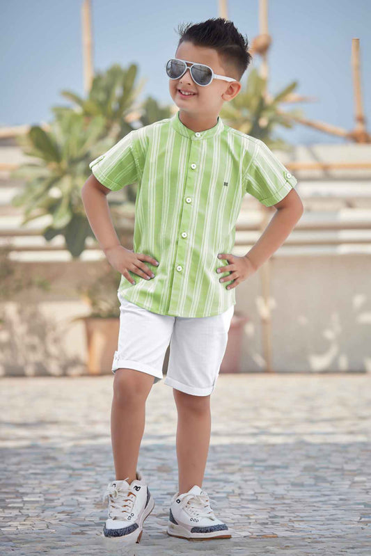Green Strip Shirt With White Shorts Set For Boys