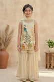 Cream Peacock Embroidered Sharara Set with Dupatta For Girls