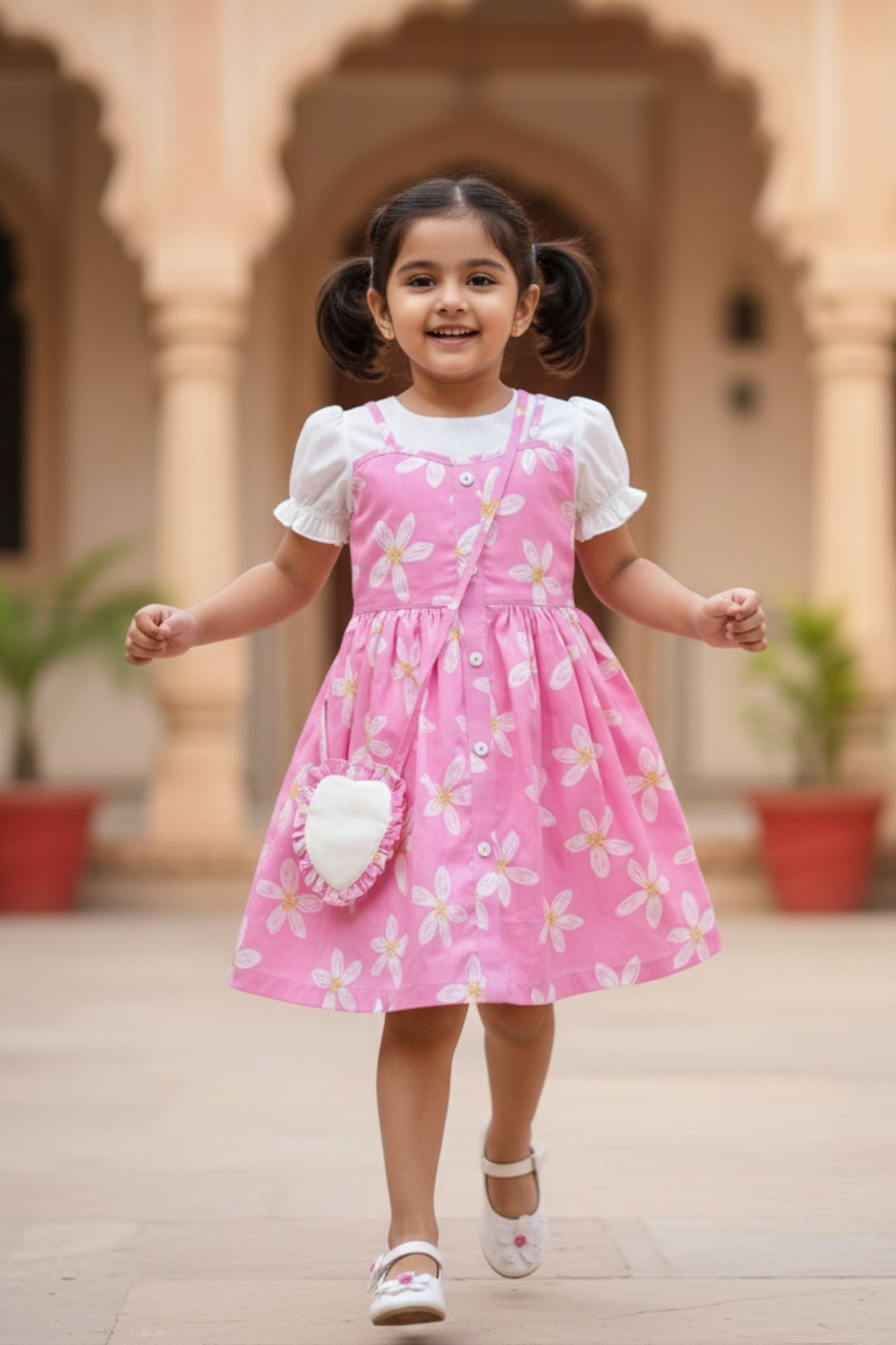 Pink Floral Printed Dress And Matching Sling Bag For Girls