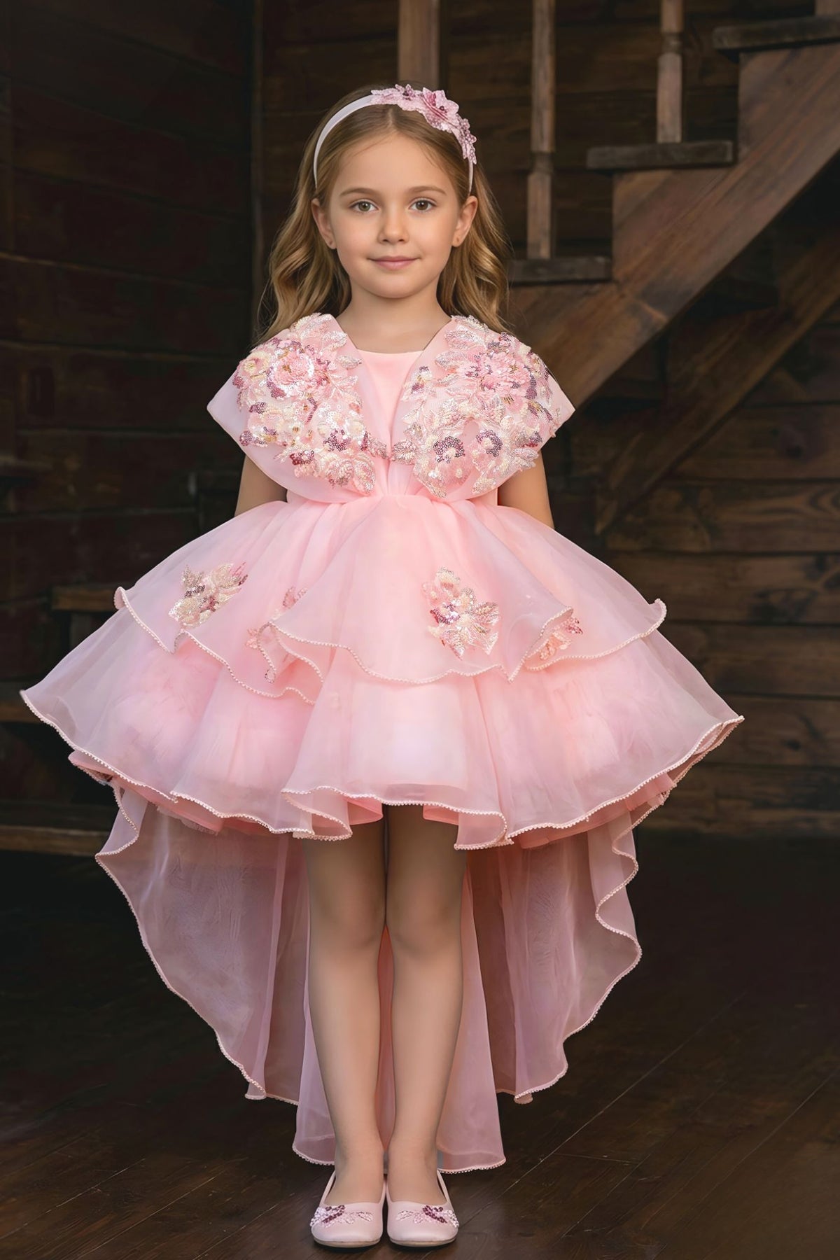 Girls Blush Pink Floral High-Low Party Wear Frock