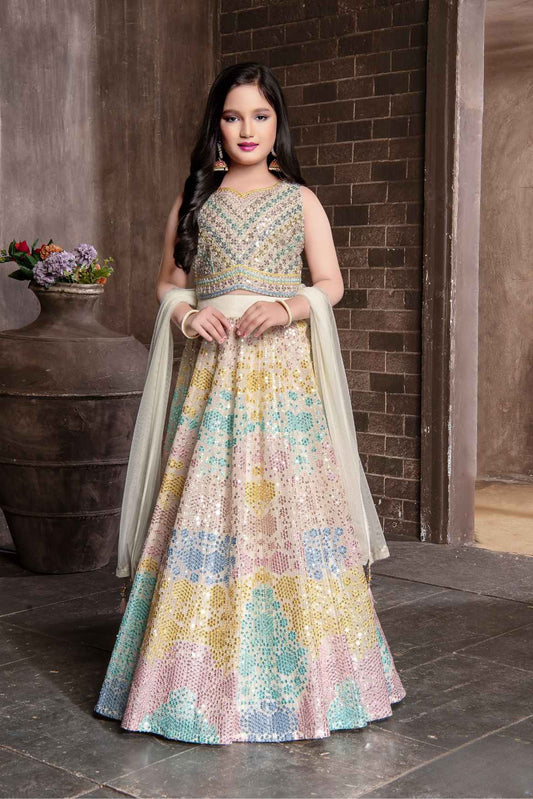 Cream Sequin And Embroidery Work Lehenga Choli Set For Girls