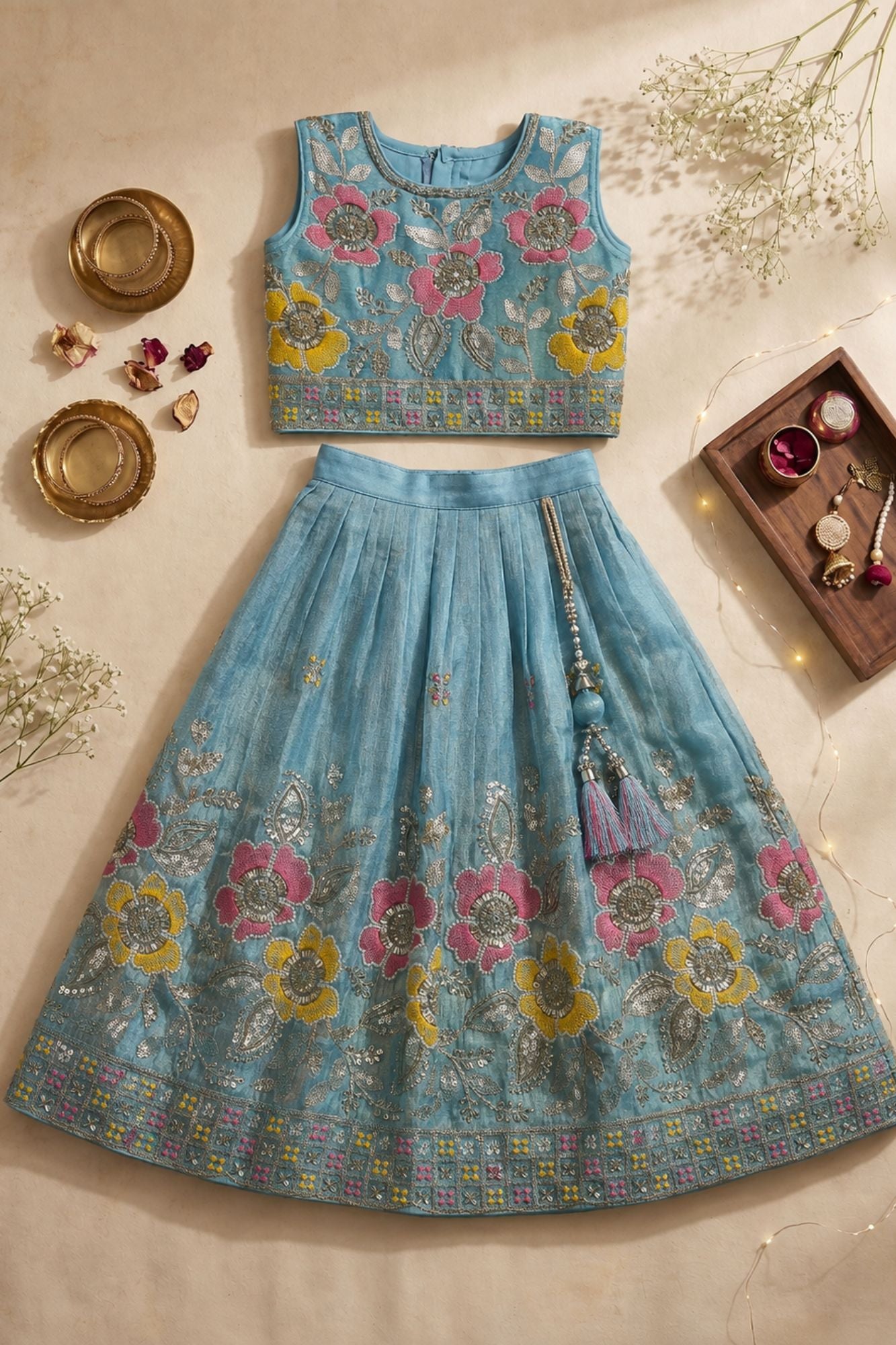 Dusty Blue Floral Embellished Lehenga Choli Set