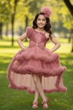Dusty Pink Sequin High-Low Party Dress with Layered Ruffle Hem For Girls