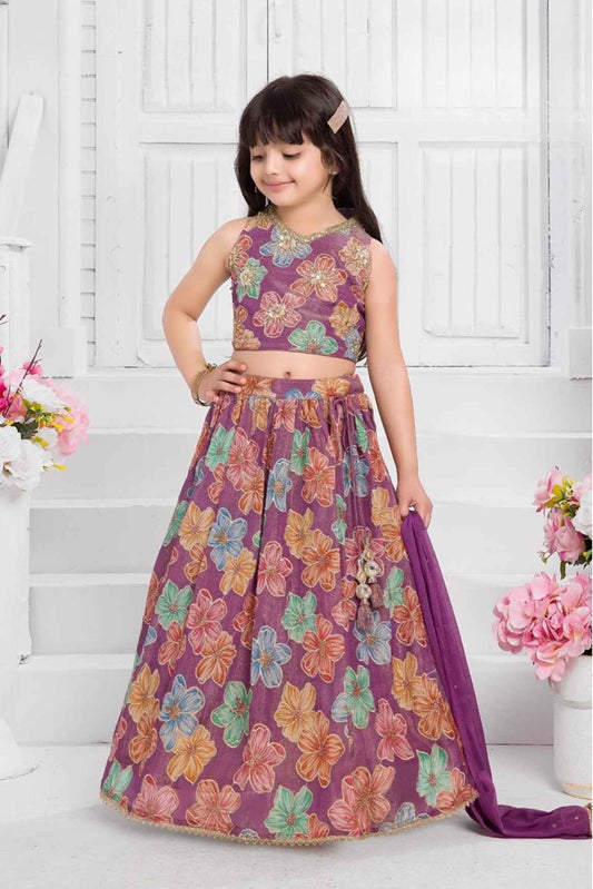 Purple Sequin And Multicolor Floral Printed With Embroidered Lehenga Choli Set For Girls
