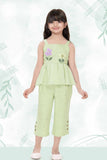 Pistachio Green Floral Appliqué And Palazzo Set For Girls