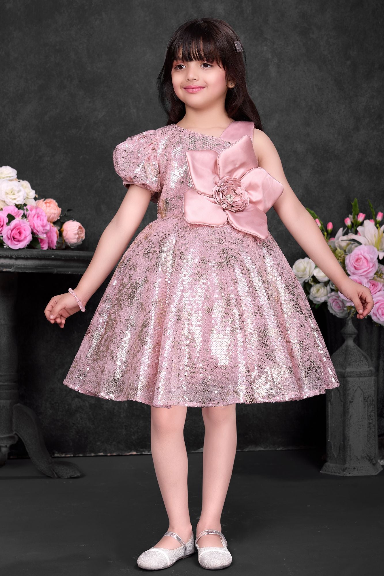 Dusty Pink Sequin Party Wear Frock with Statement Floral Detail For Girls