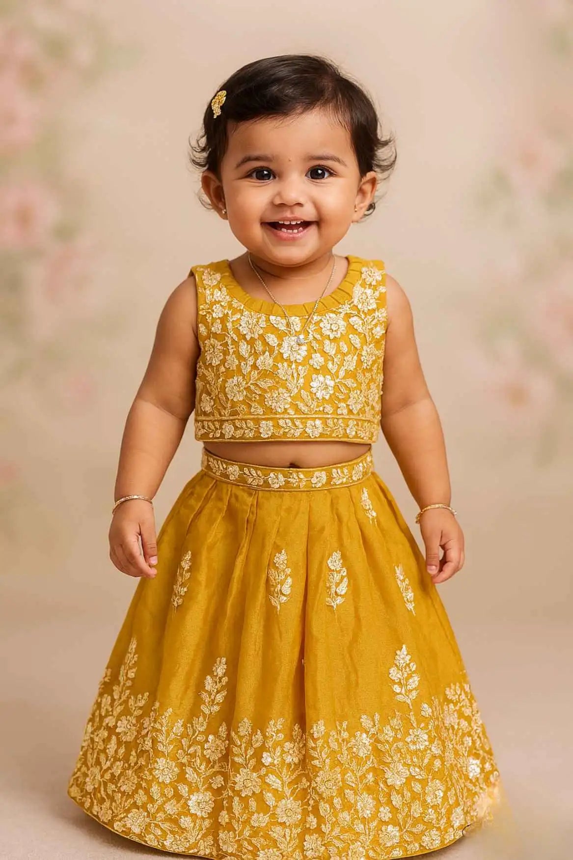 Mustard Yellow Embroidered Lehenga Choli Set For Girls