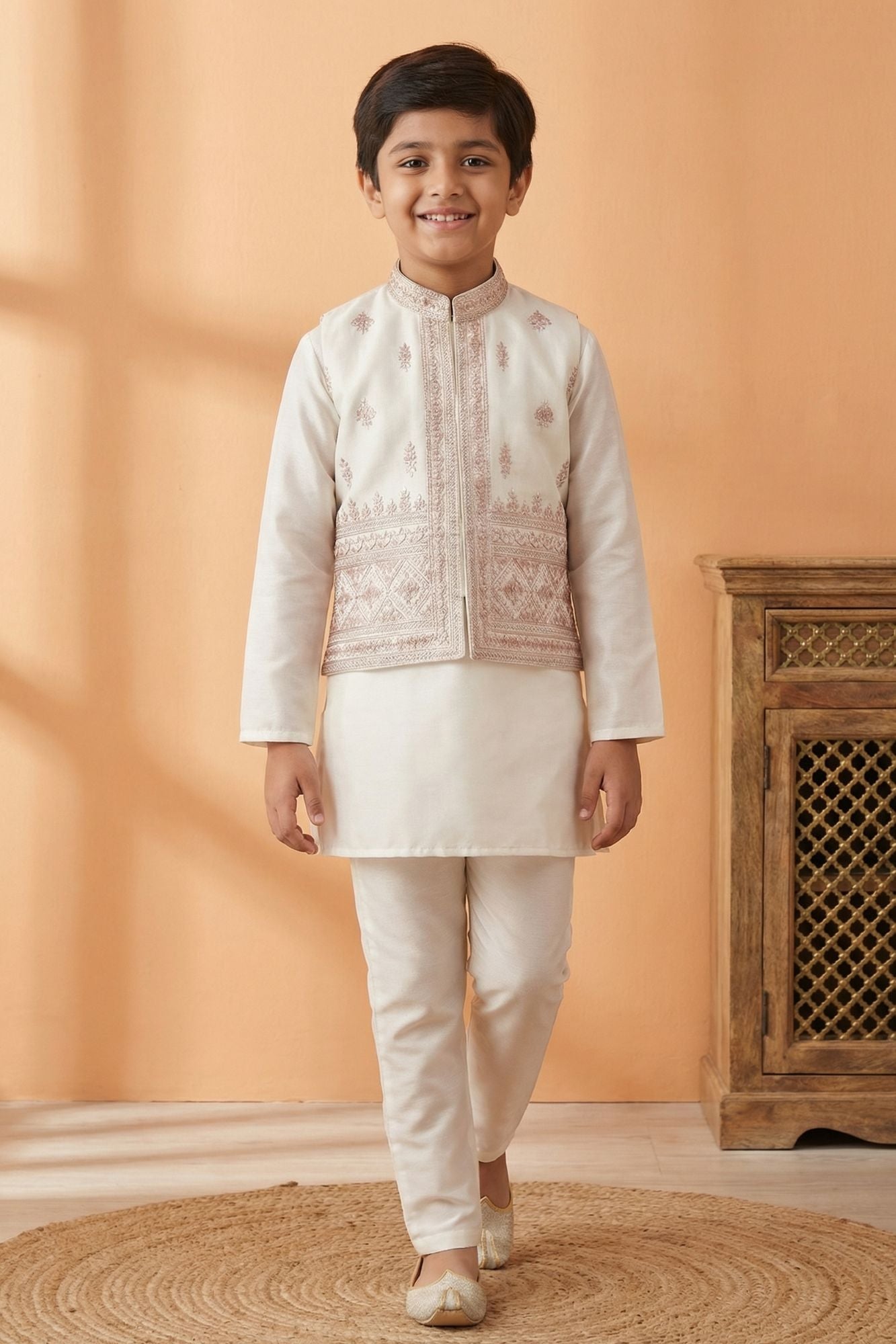 Cream With Pink Embroidered Kurta Set with Nehru Jacket For Boys
