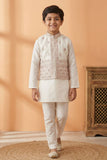 Cream With Pink Embroidered Kurta Set with Nehru Jacket For Boys