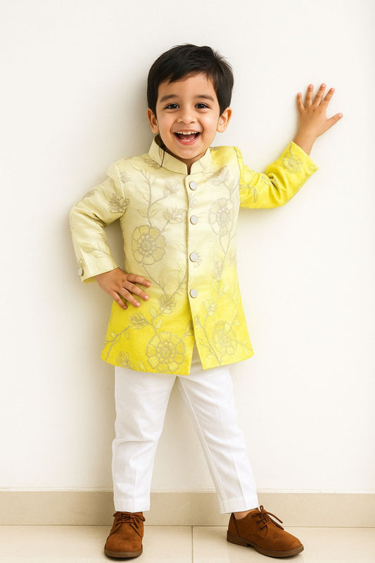 Elegant Yellow Floral Embroidered Sherwani Set For Boys