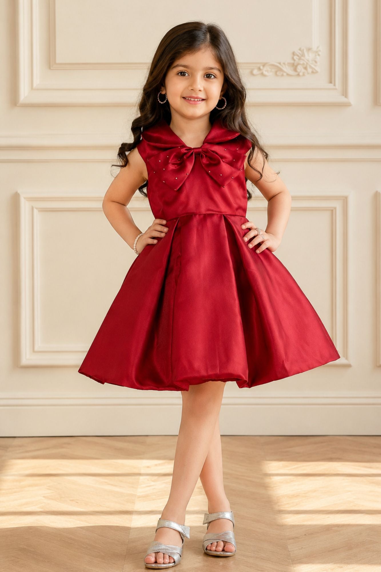 Maroon Bow Embellished Party Wear Frock For Girls