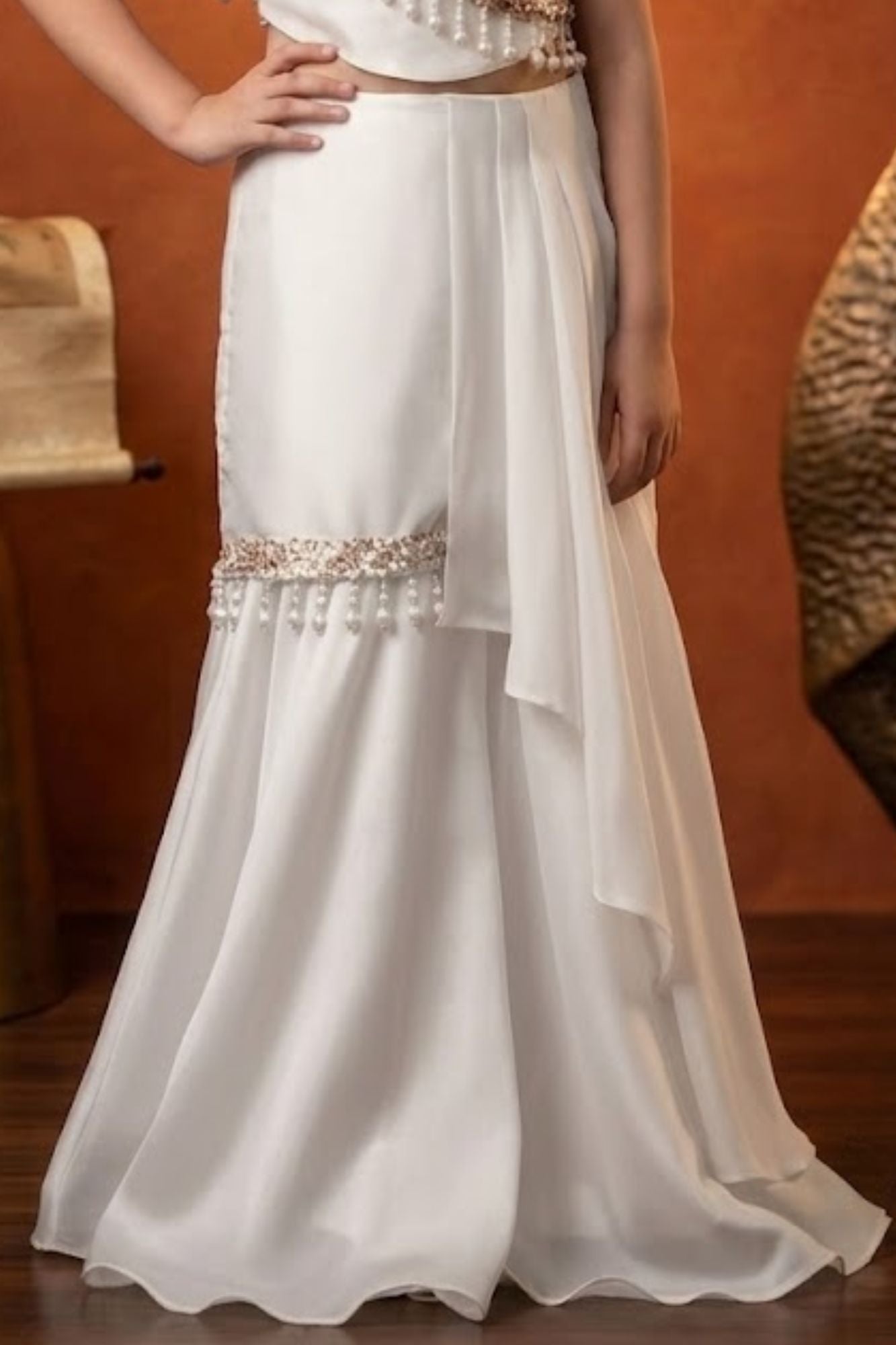 Designer Ivory Sharara Set with Sequin Cape and Pearl Tassel Detailing For Girls